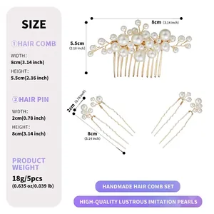 Set de 5 peignes à cheveux en perles avec dimensions détaillées et design fait main