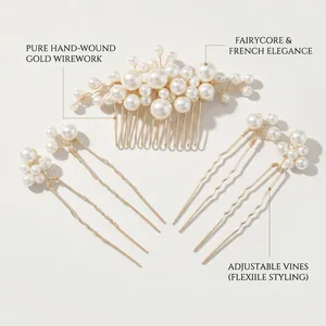 Détail du peigne et épingles à cheveux en perles dorées faits main pour mariage