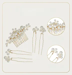Vue détaillée du lot de 5 peignes à cheveux dorés avec perles et design de vigne ajustable