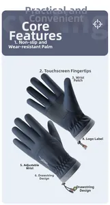 Detail of waterproof ski gloves featuring touch screen fingertips and anti-slip palm grip