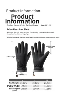 Size chart showing M, L, XL dimensions for waterproof winter thermal cycling gloves