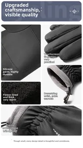 Detail of waterproof ski gloves showing thermal fleece lining and touchscreen fingertips