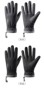 Detail of waterproof ski gloves featuring non-slip palms and adjustable wrist drawstrings