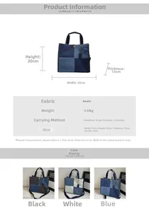 Detailed size specifications for canvas tote bag showing dimensions and three color options