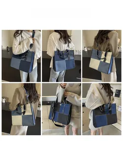 Detail of multi-color patchwork denim tote bags with metallic twist locks and wide straps