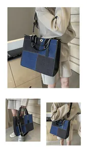 Detail of denim patchwork tote bag with gold swivel lock and striped web strap