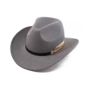 Detail view of grey wool felt hat featuring a thin black band and gold leaf metal buckle