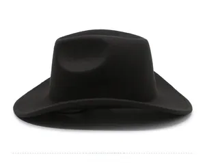 Side view of black felt western cowboy hat showing curved brim and shaped crown
