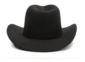 Detailed back view of a black wide brim felt western cowboy hat with a curved brim