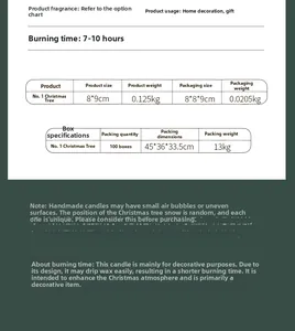 Christmas tree scented candle technical specifications with size, weight and burning time