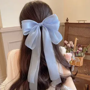 Oversized Bow Hair Clip Organza Tulle Long Ribbons Streamers Elegant Fairy Spring Hairpin Women Accessory