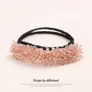 Elegant pink crystal beaded hair scrunchie with elastic band for ballet bun hairstyles