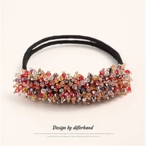 Handmade crystal beaded hair tie with colorful faceted beads on elastic bands