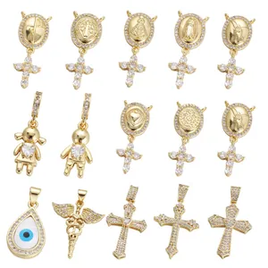 Religious Cross Evil Eye Pendants 18K Gold Plated Copper Micro Pave Cubic Zirconia Virgin Mary Fashion Jewelry For Women