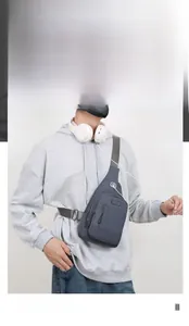 Detail of waterproof Oxford fabric sling bag with multiple zippers and earphone port