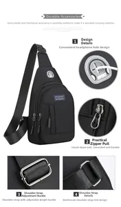 Detail view of oxford fabric chest bag featuring sport earphone hole and reinforced buckles