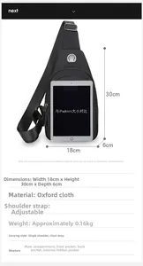 Detailed size specifications for Oxford fabric cross-body chest bag with multi-pocket layout