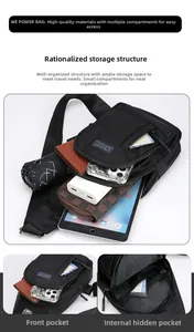 Internal storage detail showing multi-compartment capacity for iPad and essentials