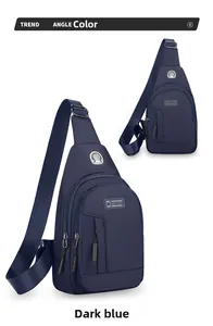 Close-up of durable dark blue nylon chest bag with adjustable strap and sport logo