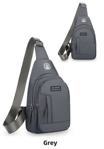 Detailed view of grey waterproof oxford chest bag with adjustable strap and sport logo