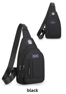 Detail view of black oxford chest bag showing headphone port and durable zippers
