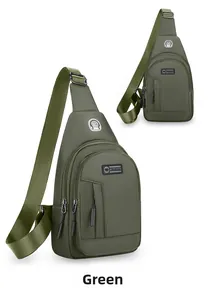 Detail of army green waterproof oxford chest bag with adjustable strap and zippers