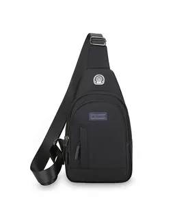 Detailed front view of black oxford sports chest bag with adjustable strap and logo
