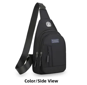 Detail view of the black crossbody bag showing multi-layered zippers and oxford fabric