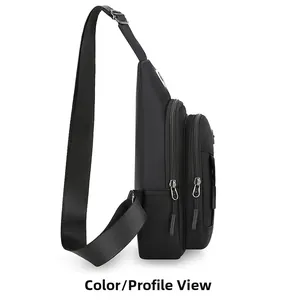 Side view of black Oxford fabric chest bag showing multiple zipper pockets and side pocket
