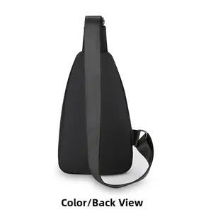Back view of a black oxford fabric crossbody chest bag with adjustable nylon shoulder strap