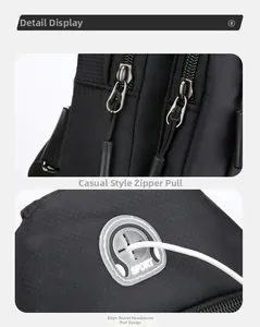 Detail of waterproof oxford chest bag featuring double zippers and a sport earphone port