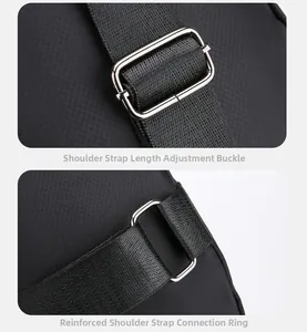 Detail of adjustable metal buckle and reinforced shoulder strap on black nylon chest bag