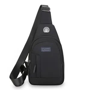 Waterproof black oxford chest bag for men with sport logo and adjustable shoulder strap