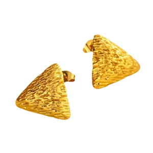 Polished gold stainless steel triangular stud earrings with textured hammer finish for women