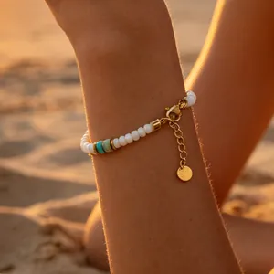 Bohemian Stainless Steel Bracelet Natural Stone Beaded Layered Chain For Women Ethnic Style Adjustable Handmade Wrist Jewelry