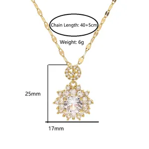 Luxury gold flower necklace with sparkling zircon pendant and 40+5cm adjustable chain