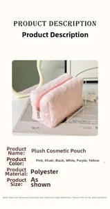 Detail showing pink plush polyester makeup bag size 16x9x9cm with a soft fuzzy texture