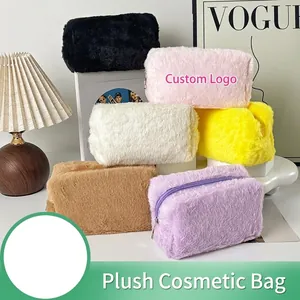 Plush Cosmetic Bag Faux Fur Toiletry Storage Pouch Zippered Travel Organizer For Women Cute Soft Large Capacity