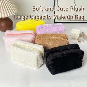 Large capacity plush makeup bag in various colors for travel and cosmetic storage