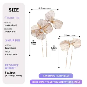 Elegant floral pearl hair pin set with golden wire weaving for romantic French styling