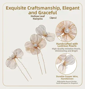 Detail of 2pcs handcrafted copper wire hairpins with pearls and hollow flower design