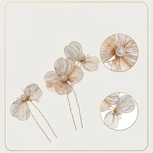 French romantic hollow leaf hairpins set with pearls and golden wire craft