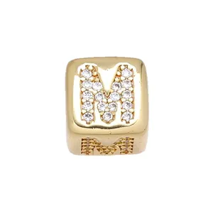 Golden 8mm micro-pave cubic zirconia letter M bead for DIY jewelry making