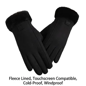 Women's black thermal winter gloves with faux fur trim and touchscreen functionality