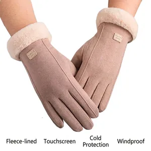 Warm khaki suede winter gloves with faux fur trim and touchscreen function for women