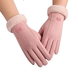 Pink winter thermal gloves for women with faux fur cuffs and touchscreen feature