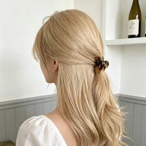 French vintage tortoiseshell pattern hair claw clip on blonde hair, side view of model