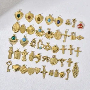 Vintage gold hollow bear and smiley donut pendants with colorful gemstone inlays