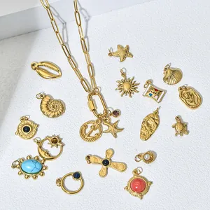 Bohemian gold paperclip chain necklace with vintage DIY sea shell and star charms