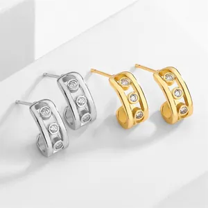 Geometric micro-set zircon earrings in gold and silver, elegant C-shaped minimalist jewelry